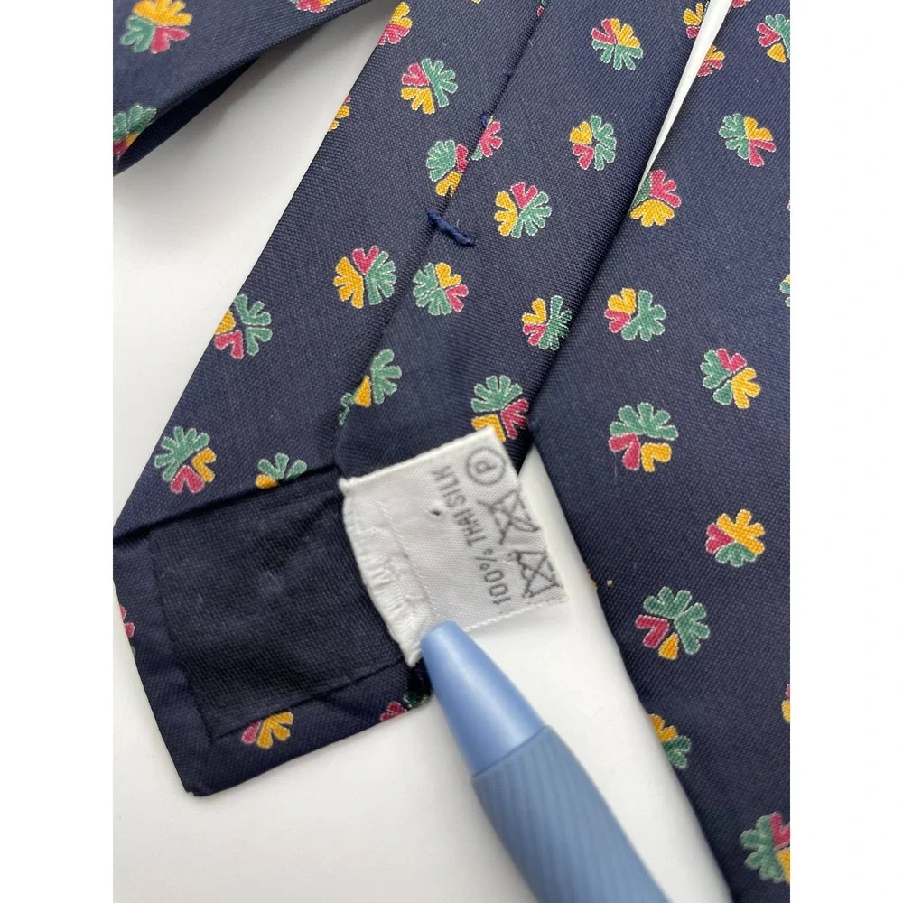 Jim Thompson Mens Navy Blue 100% Thai Silk Geometric Floral Print Necktie Tie